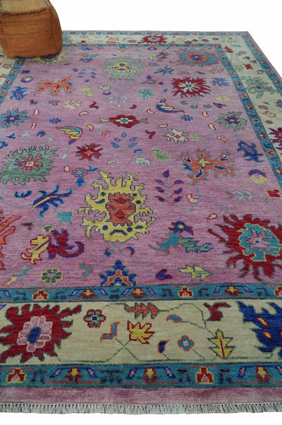 9x12 Wool Traditional Pink, Beige and Blue Vibrant Colorful Hand knotted Oushak Area Rug | TRDCP1355912 - The Rug Decor