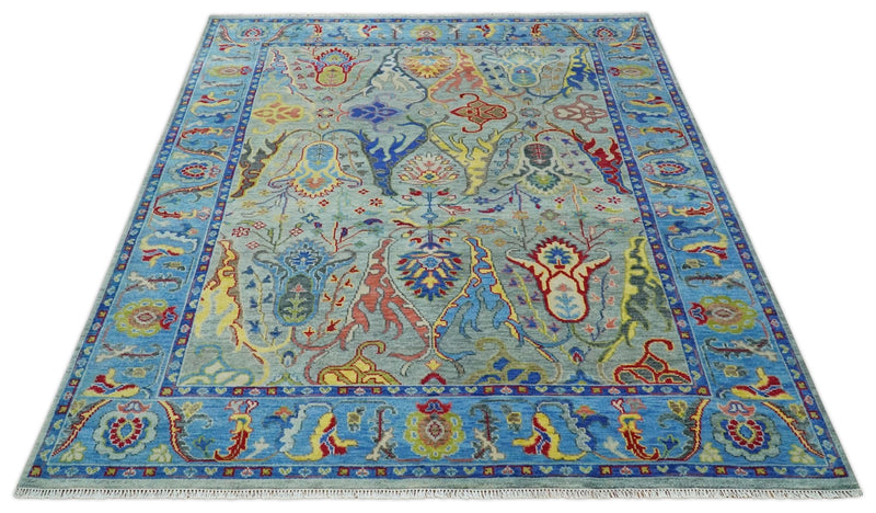 9x12 Wool Traditional Silver and Aqua Antique Colorful Hand knotted Oushak Area Rug - The Rug Decor