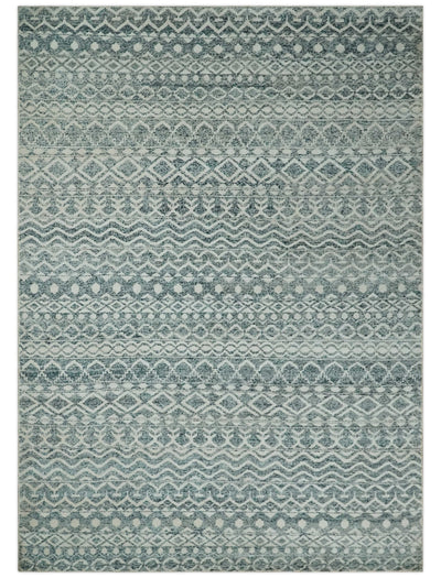 9x13 Hand Knotted Ivory and Teal Blue Modern Contemporary Southwestern Tribal Trellis Recycled Silk Area Rug | OP51 - The Rug Decor