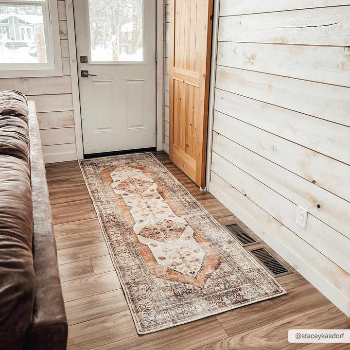 Vintage Style Ivory, Terracotta and Tan Traditional Machine Washable Rug