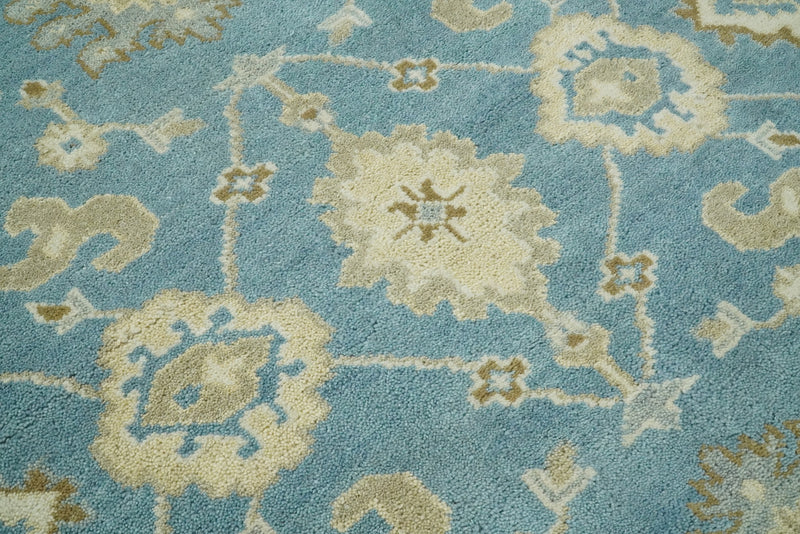 Hand Knotted 6x9  Oushak Light Blue and Beige Wool Area Rug | TRDCP1069