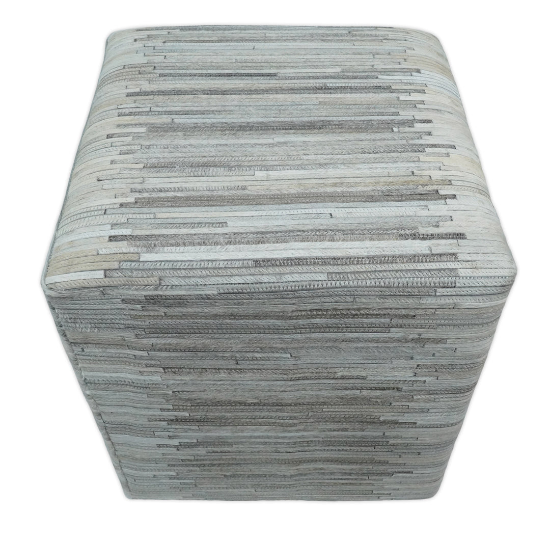 Ivory, Silver and Gray Square Leather Pouf Ottoman, Footstool, Side table, Seat , Foot Rest | TRD102