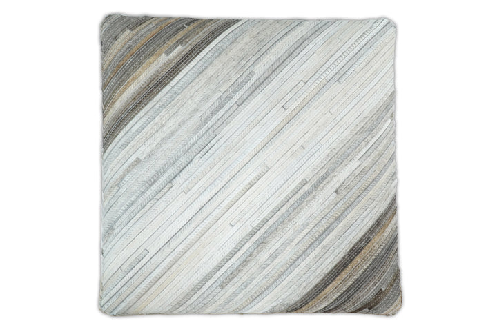 Ivory, Silver and Brown Square Leather Pouf Ottoman, Striped Footstool, Side table, Seat , Foot Rest | TRD106