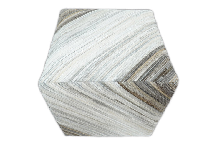 Ivory, Silver and Brown Square Leather Pouf Ottoman, Striped Footstool, Side table, Seat , Foot Rest | TRD106