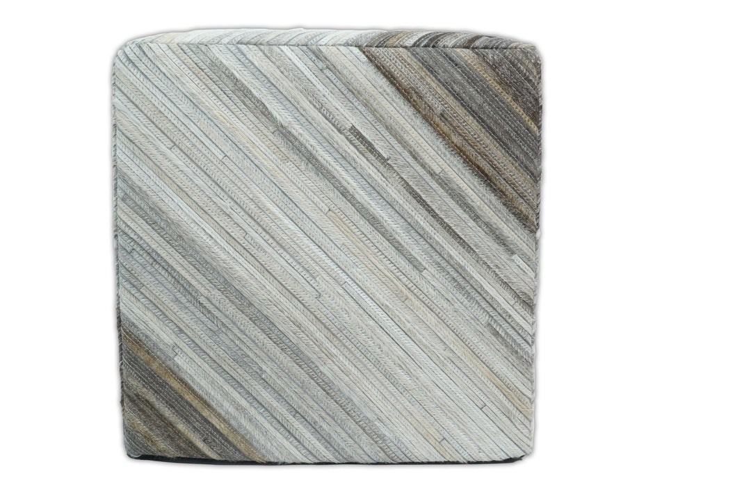 Ivory, Silver and Brown Square Leather Pouf Ottoman, Striped Footstool, Side table, Seat , Foot Rest | TRD106
