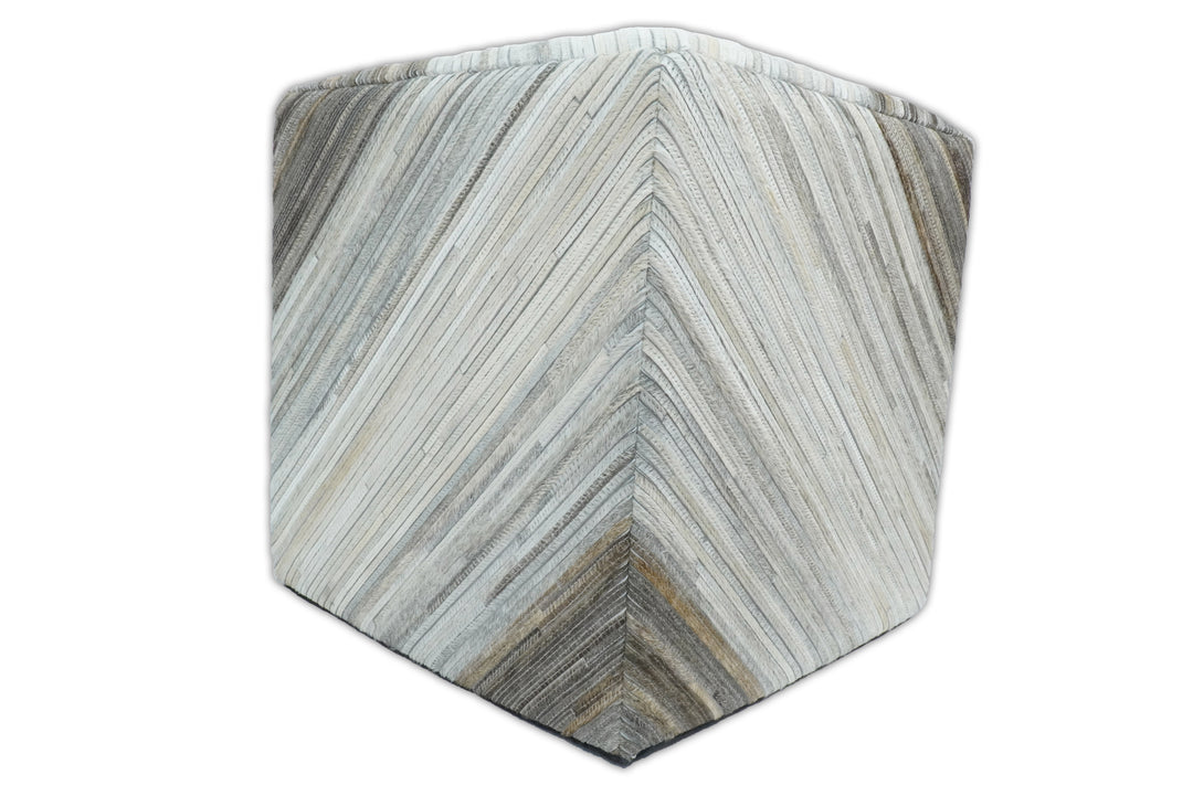 Ivory, Silver and Brown Square Leather Pouf Ottoman, Striped Footstool, Side table, Seat , Foot Rest | TRD106