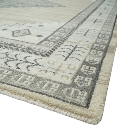 All Natural Wool Hand Knotted Gray , Beige and Ivory Traditional Heriz Serapi Area Rug, Kids, Living Room and Bedroom Rug | MEHK1 - The Rug Decor