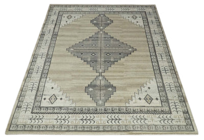 All Natural Wool Hand Knotted Gray , Beige and Ivory Traditional Heriz Serapi Area Rug, Kids, Living Room and Bedroom Rug | MEHK1 - The Rug Decor