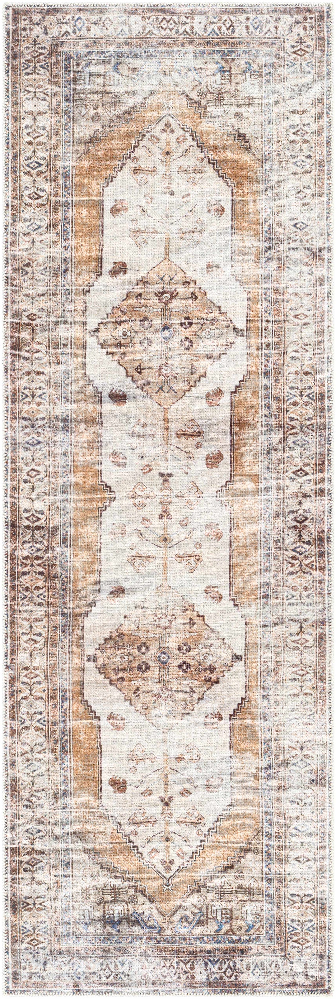 Vintage Style Ivory, Terracotta and Tan Traditional Machine Washable Rug
