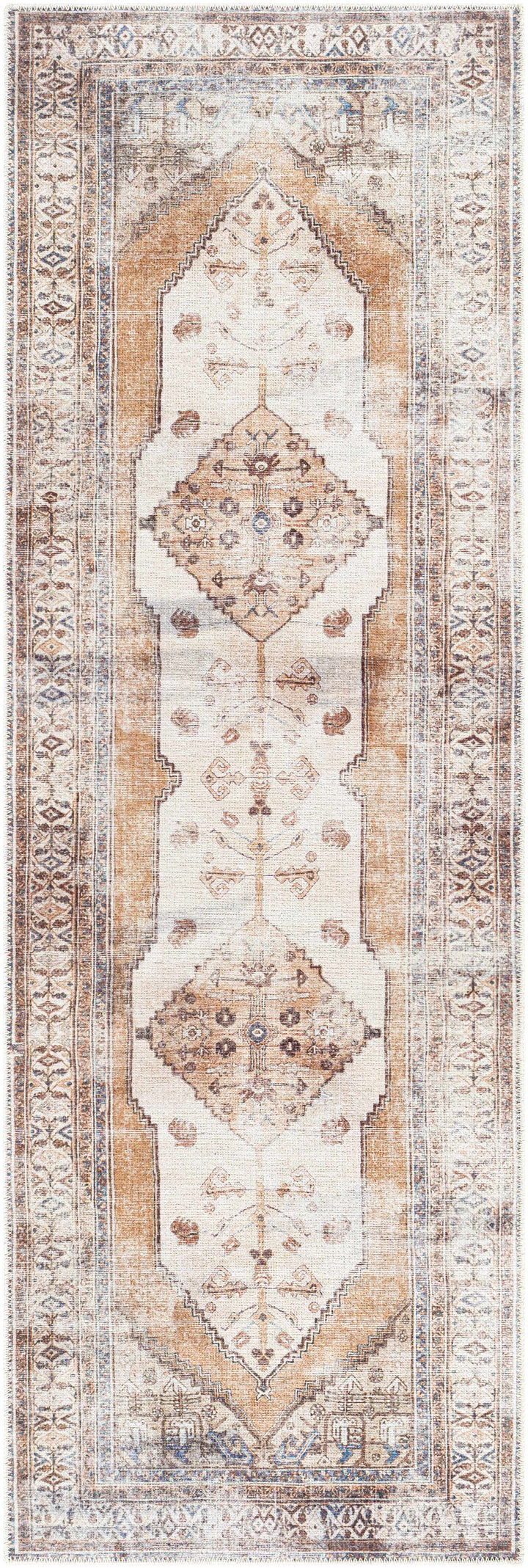 Vintage Style Ivory, Terracotta and Tan Traditional Machine Washable Rug
