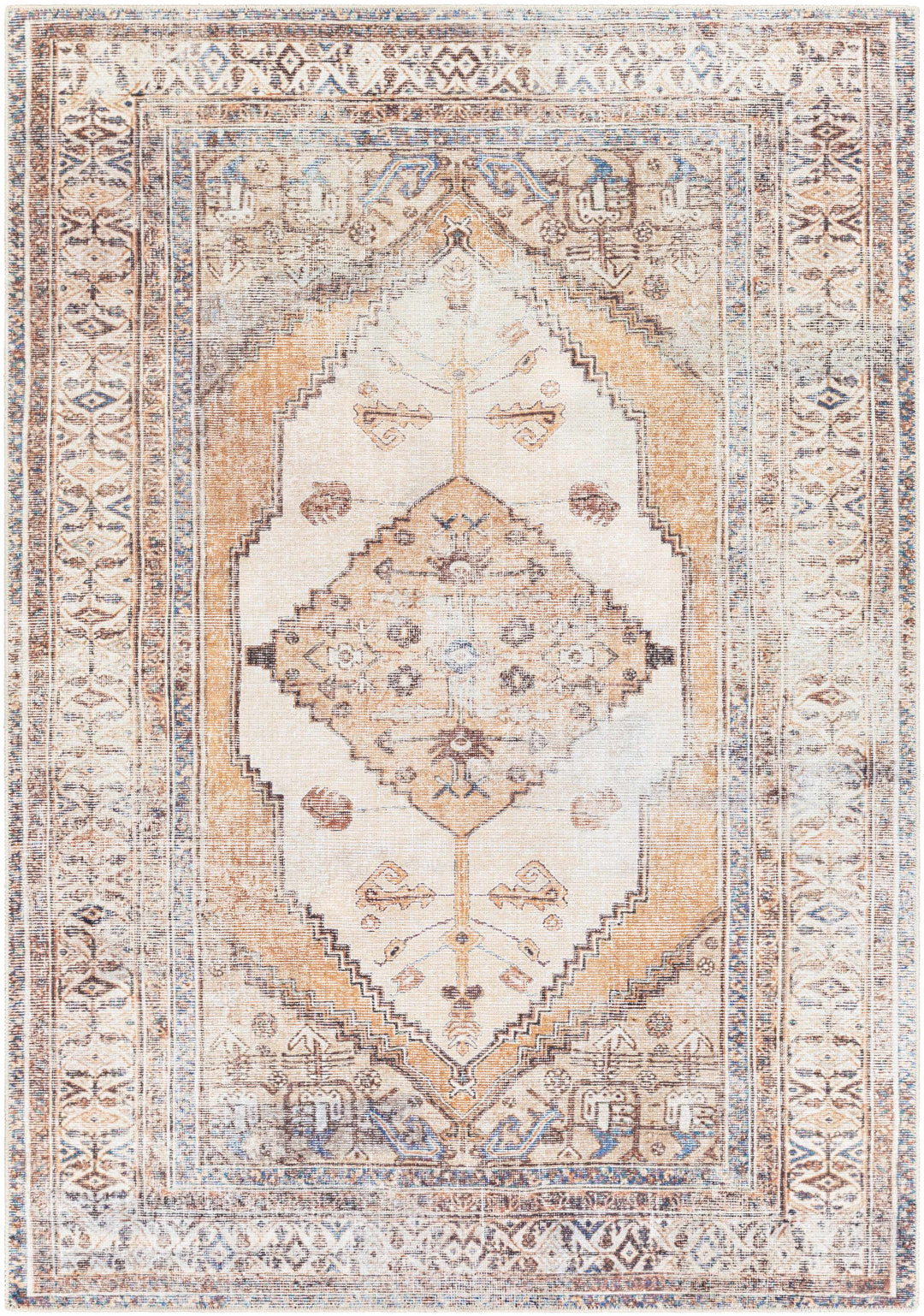 Vintage Style Ivory, Terracotta and Tan Traditional Machine Washable Rug