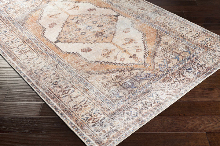 Vintage Style Ivory, Terracotta and Tan Traditional Machine Washable Rug