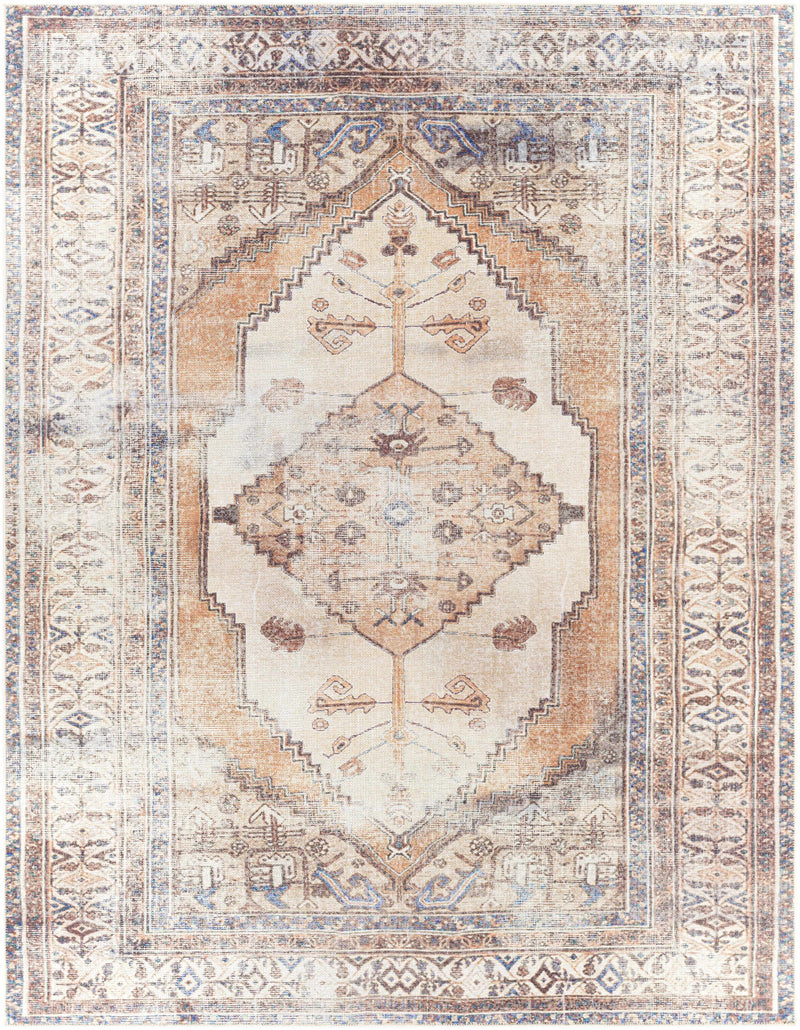 Vintage Style Ivory, Terracotta and Tan Traditional Machine Washable Rug