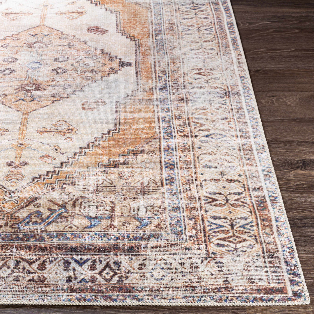 Vintage Style Ivory, Terracotta and Tan Traditional Machine Washable Rug