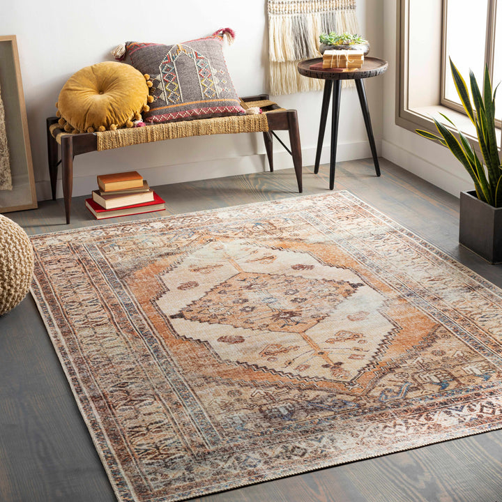 Vintage Style Ivory, Terracotta and Tan Traditional Machine Washable Rug