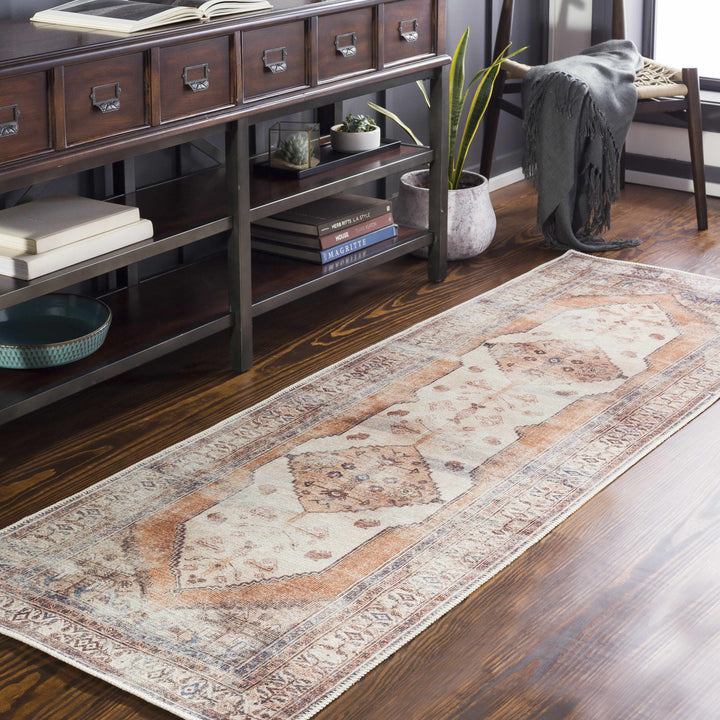 Vintage Style Ivory, Terracotta and Tan Traditional Machine Washable Rug