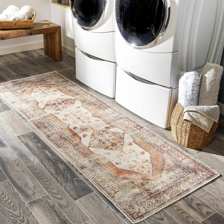 Vintage Style Ivory, Terracotta and Tan Traditional Machine Washable Rug