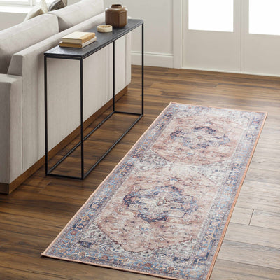 Rust, Blue and Ivory Machine Woven Traditional Vintage Style Machine Washable Rug