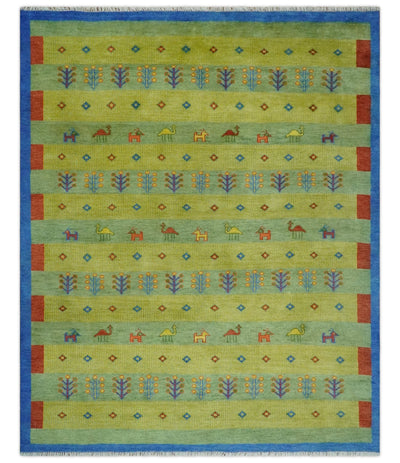 Animal and Tree Life Green, Blue and Rust Hand knotted Traditional 8x10 Wool Area Rug - The Rug Decor