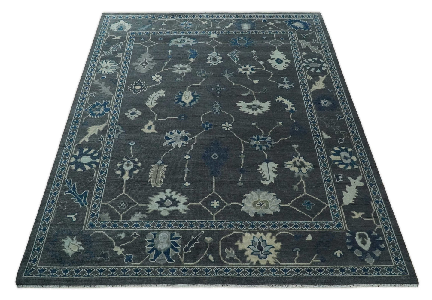 Antique 3x5, 4x6, 5x8, 6x9, 8x10, 9x12 Hand Knotted Oushak Charcoal and Blue Traditional Area Rug | NT41 - The Rug Decor