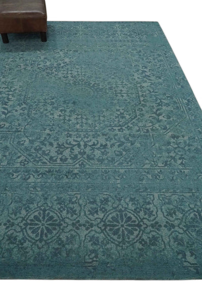 Antique 5x7 Blue and Silver Medallion Floral Hand Tufted Wool Area Rug - The Rug Decor