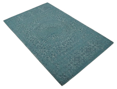 Antique 5x7 Blue and Silver Medallion Floral Hand Tufted Wool Area Rug - The Rug Decor