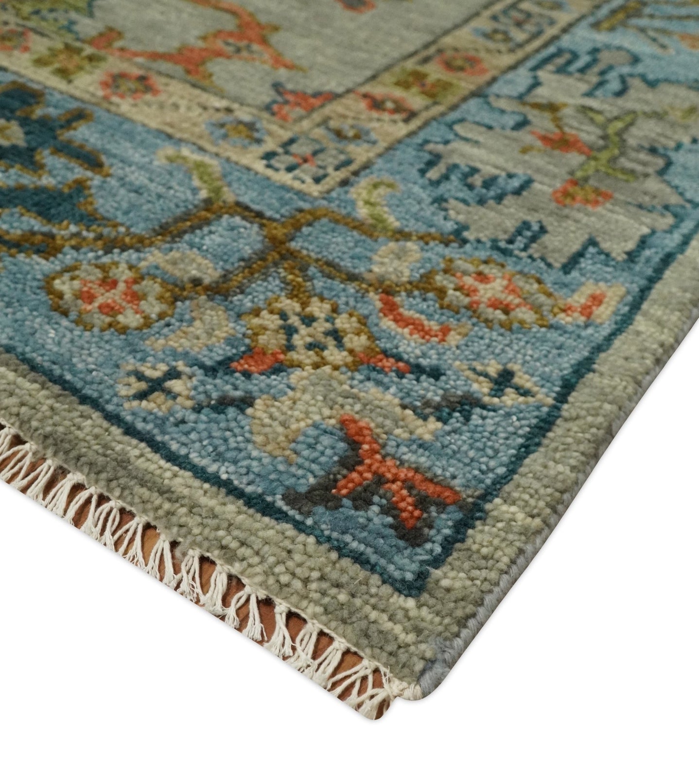 Antique 5x8, 6x9, 8x10, 9x12, 10x14 and 12x15 Hand Knotted Beige and Blue Traditional Persian Vintage Oushak Wool Rug | TRDCP668 - The Rug Decor