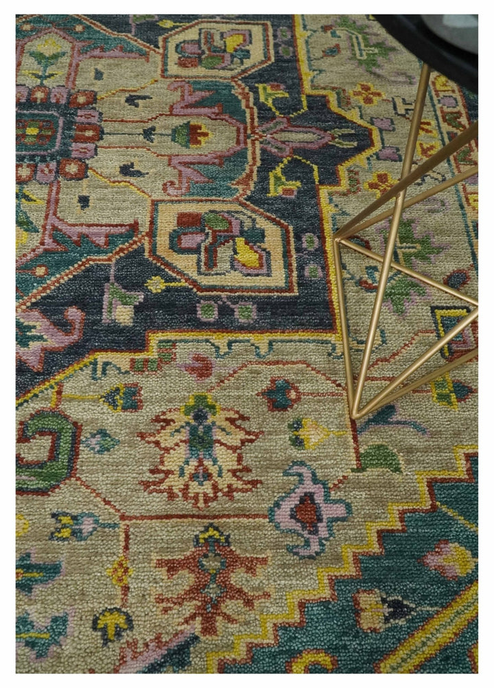 Antique 5x8, 6x9, 8x10, 9x12, 10x14 and 12x15 Hand Knotted Camel, Green and Charcoal Traditional Persian Heriz Serapi Wool Rug | TRDCP925912 - The Rug Decor