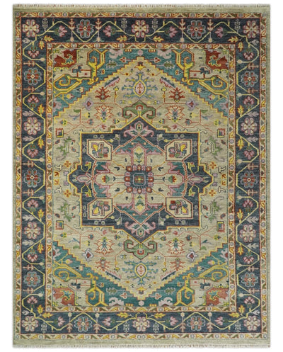 Antique 5x8, 6x9, 8x10, 9x12, 10x14 and 12x15 Hand Knotted Camel, Green and Charcoal Traditional Persian Heriz Serapi Wool Rug | TRDCP925912 - The Rug Decor