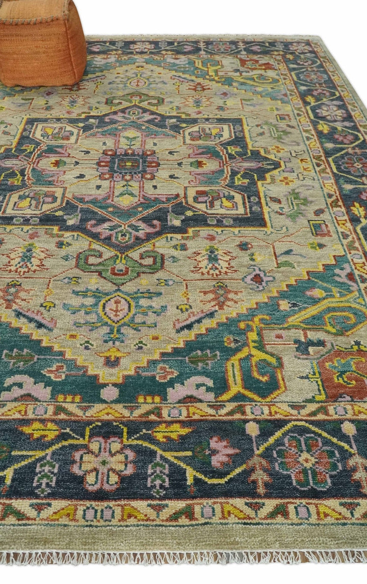 Antique 5x8, 6x9, 8x10, 9x12, 10x14 and 12x15 Hand Knotted Camel, Green and Charcoal Traditional Persian Heriz Serapi Wool Rug | TRDCP925912 - The Rug Decor