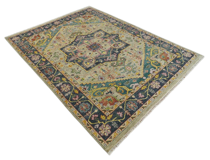 Antique 5x8, 6x9, 8x10, 9x12, 10x14 and 12x15 Hand Knotted Camel, Green and Charcoal Traditional Persian Heriz Serapi Wool Rug | TRDCP925912 - The Rug Decor