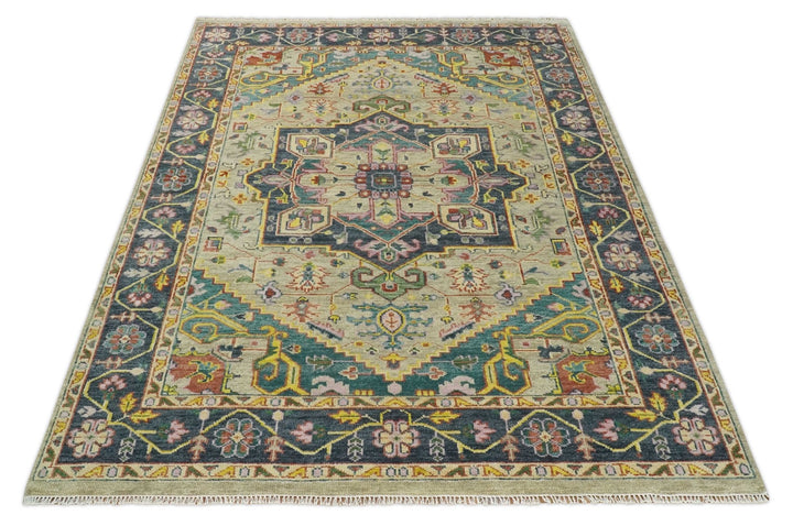 Antique 5x8, 6x9, 8x10, 9x12, 10x14 and 12x15 Hand Knotted Camel, Green and Charcoal Traditional Persian Heriz Serapi Wool Rug | TRDCP925912 - The Rug Decor