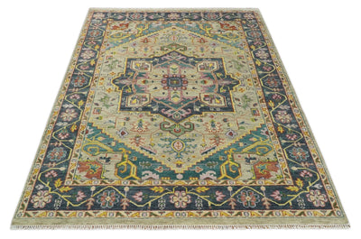 Antique 5x8, 6x9, 8x10, 9x12, 10x14 and 12x15 Hand Knotted Camel, Green and Charcoal Traditional Persian Heriz Serapi Wool Rug | TRDCP925912 - The Rug Decor