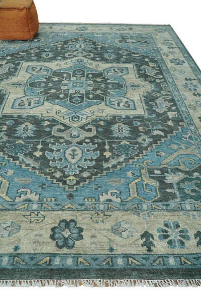 Antique 5x8, 6x9, 8x10, 9x12, 10x14 and 12x15 Hand Knotted Charcoal, Camel and Blue Traditional Persian Heriz Serapi Wool Rug | TRDCP936810 - The Rug Decor