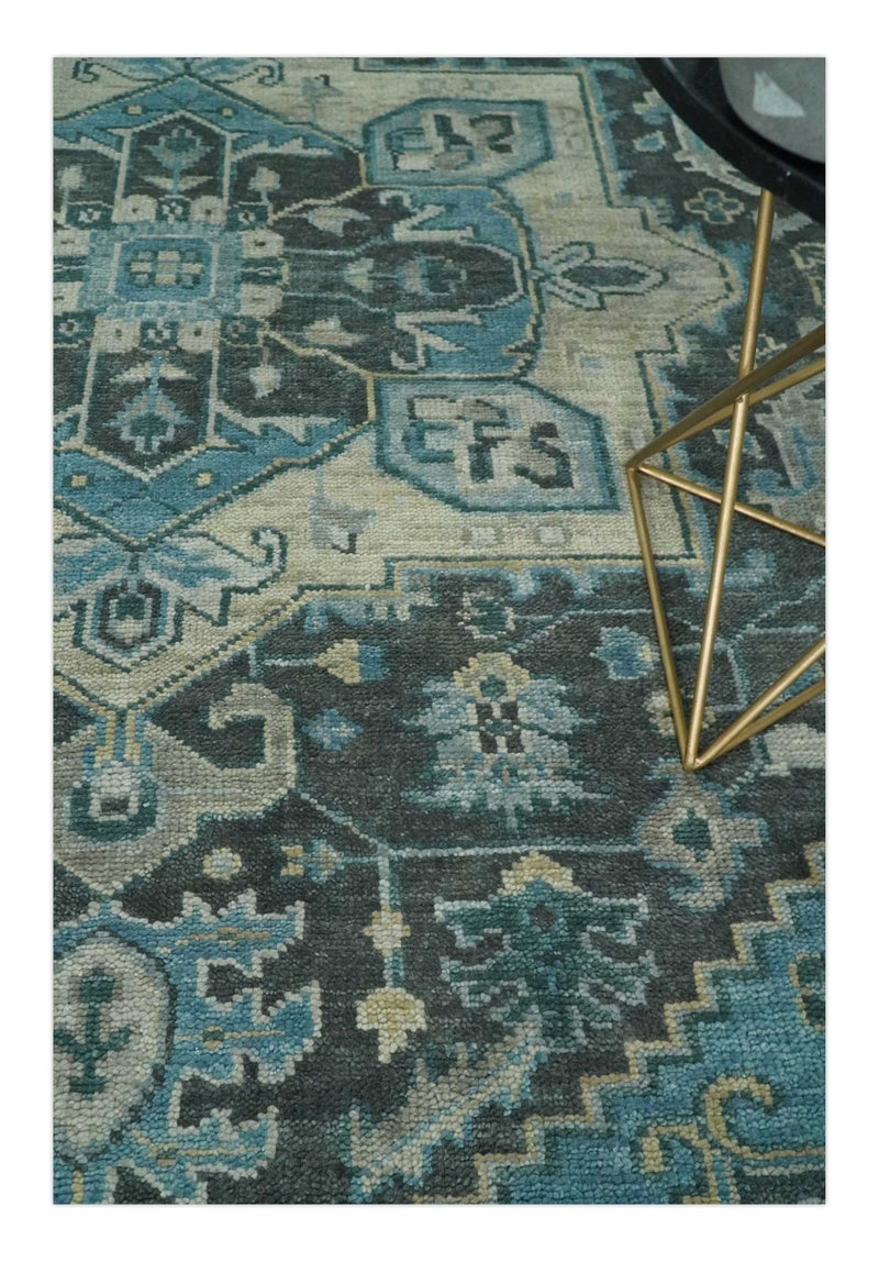 Antique 5x8, 6x9, 8x10, 9x12, 10x14 and 12x15 Hand Knotted Charcoal, Camel and Blue Traditional Persian Heriz Serapi Wool Rug | TRDCP936810 - The Rug Decor