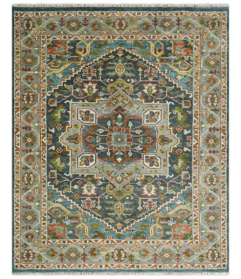 Antique 5x8, 6x9, 8x10, 9x12, 10x14 and 12x15 Hand Knotted Charcoal, Camel and Teal Traditional Persian Heriz Serapi Wool Rug | TRDCP1031810 - The Rug Decor