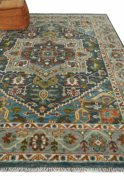 Antique 5x8, 6x9, 8x10, 9x12, 10x14 and 12x15 Hand Knotted Charcoal, Camel and Teal Traditional Persian Heriz Serapi Wool Rug | TRDCP1031810 - The Rug Decor
