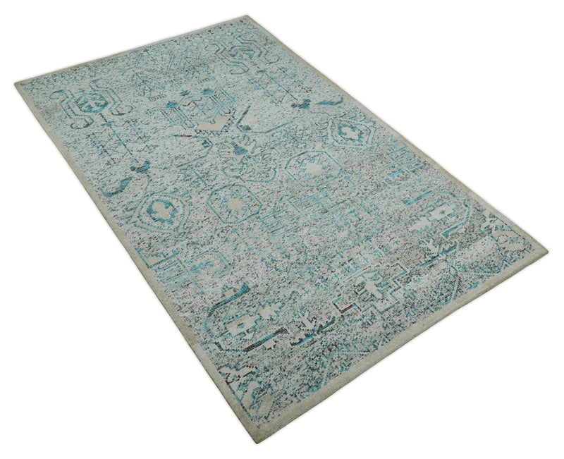 Antique 5x8 Hand Knotted Beige and Blue Persian made of Recycled Silk Area Rug | OP96 - The Rug Decor