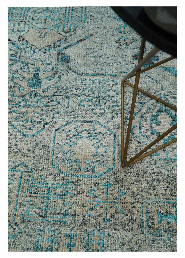 Antique 5x8 Hand Knotted Beige and Blue Persian made of Recycled Silk Area Rug | OP96 - The Rug Decor
