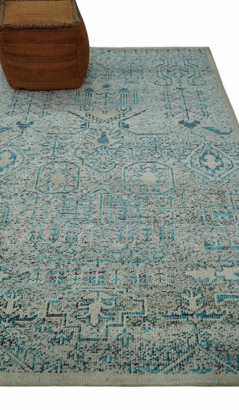 Antique 5x8 Hand Knotted Beige and Blue Persian made of Recycled Silk Area Rug | OP96 - The Rug Decor