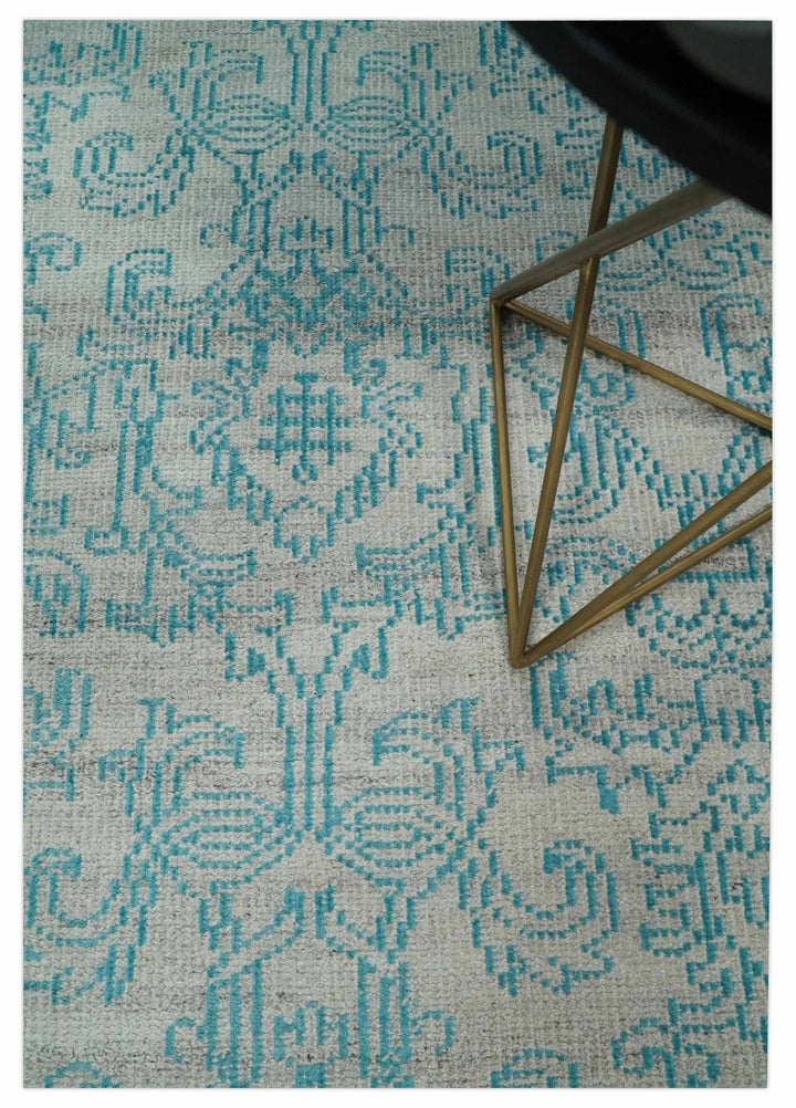 Antique 5x8 Hand Knotted Silver and Blue Persian made of Recycled Silk Area Rug | OP77 - The Rug Decor