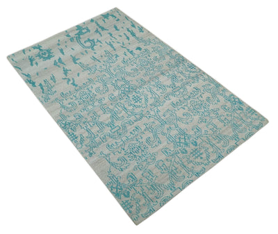 Antique 5x8 Hand Knotted Silver and Blue Persian made of Recycled Silk Area Rug | OP77 - The Rug Decor