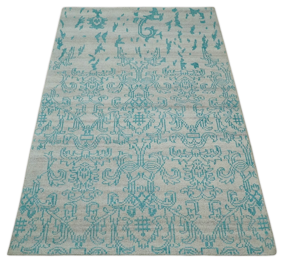 Antique 5x8 Hand Knotted Silver and Blue Persian made of Recycled Silk Area Rug | OP77 - The Rug Decor