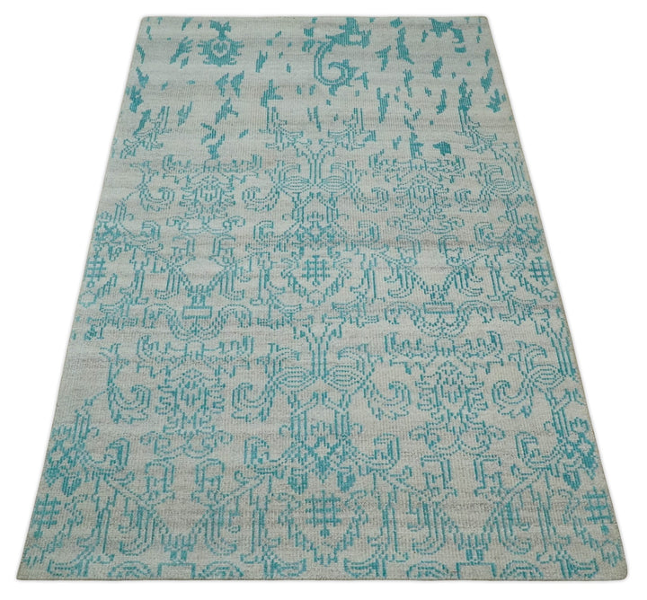 Antique 5x8 Hand Knotted Silver and Blue Persian made of Recycled Silk Area Rug | OP77 - The Rug Decor