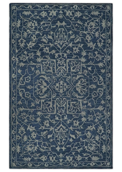 Antique 5x8 Ivory and Blue Medallion Floral Hand Tufted Wool Area Rug - The Rug Decor