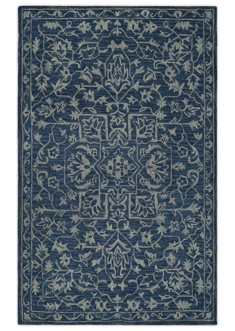 Antique 5x8 Ivory and Blue Medallion Floral Hand Tufted Wool Area Rug - The Rug Decor