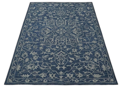 Antique 5x8 Ivory and Blue Medallion Floral Hand Tufted Wool Area Rug - The Rug Decor
