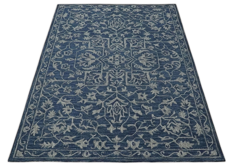 Antique 5x8 Ivory and Blue Medallion Floral Hand Tufted Wool Area Rug - The Rug Decor