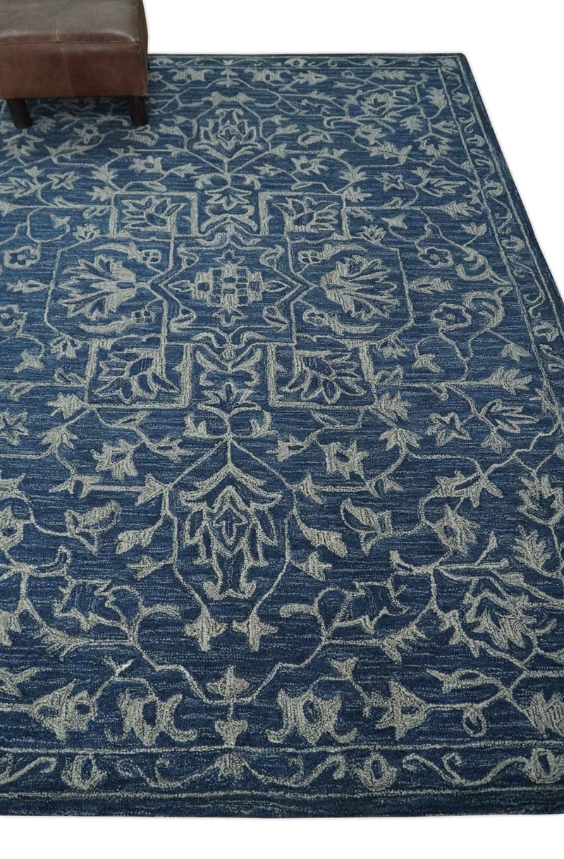 Antique 5x8 Ivory and Blue Medallion Floral Hand Tufted Wool Area Rug - The Rug Decor
