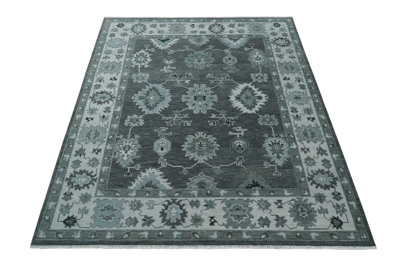 Antique 8x10, 9x12, 10x14 and 12x15 Hand Knotted Charcoal and Ivory Traditional Persian Oushak Wool Rug | NT28 - The Rug Decor
